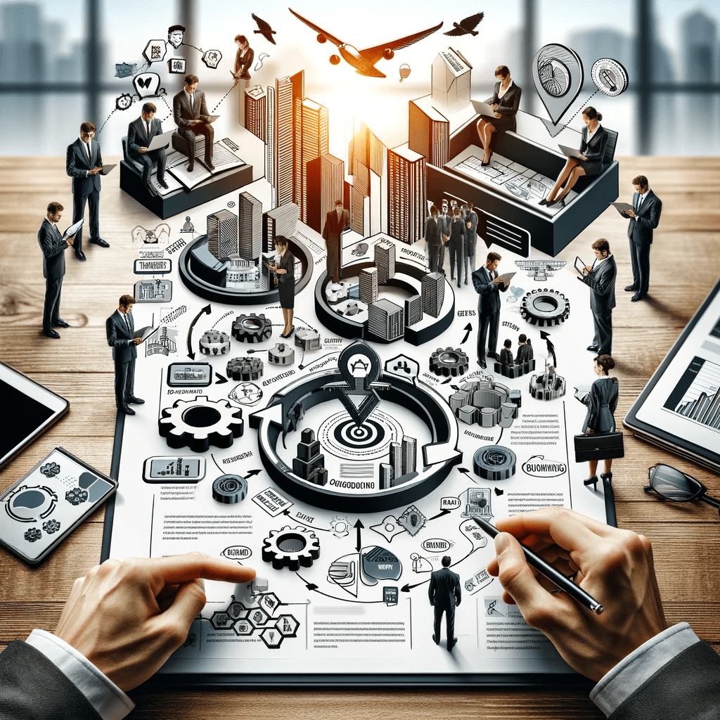 concepts of business rules, collaboration in teams, and process modeling. It depicts a business environment with individuals collaborating, along with icons that represent business rules and visual elements such as flowcharts or diagrams to demonstrate process modeling.