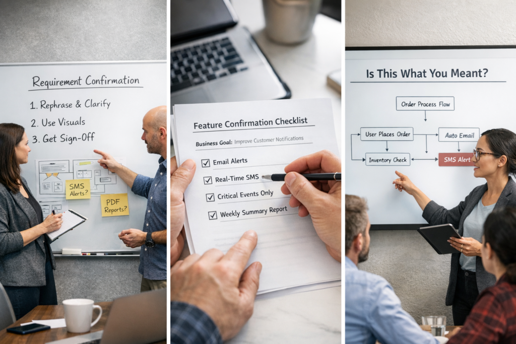 The team confirms requirements using whiteboards, checklists, and diagrams to avoid scope creep during the discovery phase.